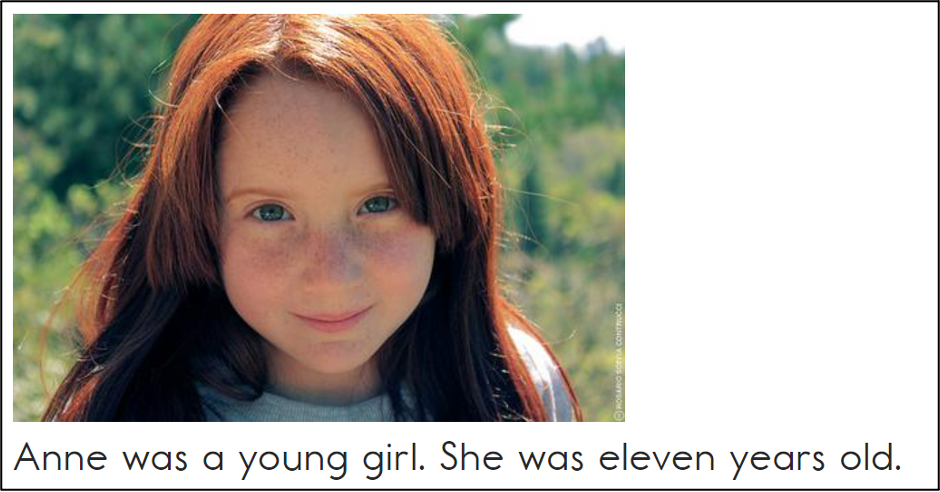 This image contains an image of a young girl with the following text: Anne was a young girl. She was eleven years old.