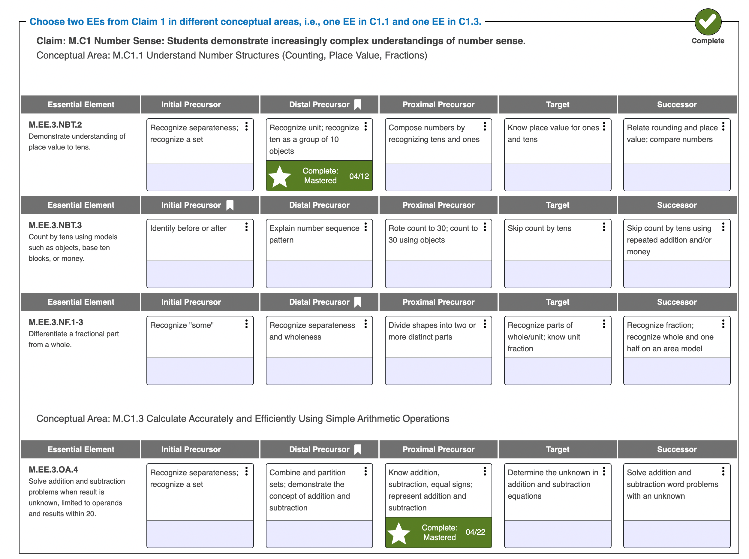 A screenshot of the Instruction and Assessment planner showing a student's testing, as described in the text.